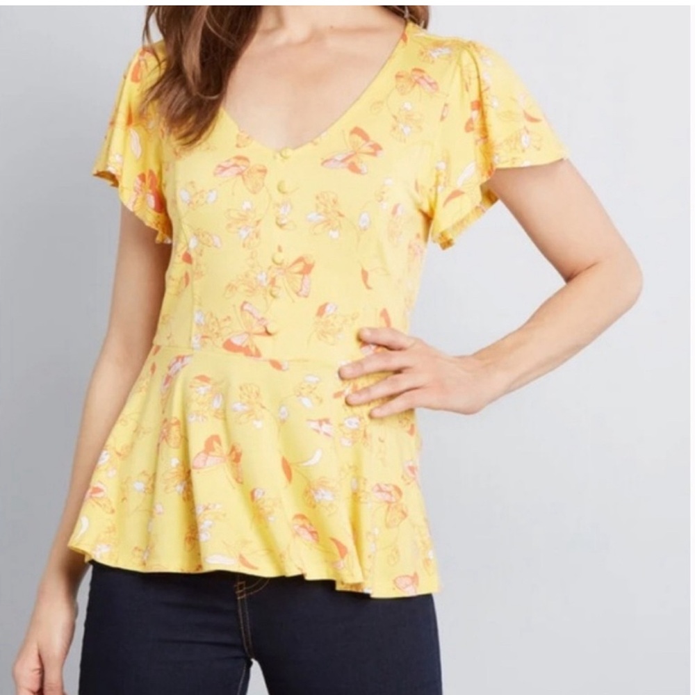 ModCloth Flutter Sleeves, Yellow Women's Peplum Top with Butterflies